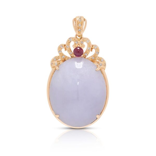 תליון ירקן סגול-לילך ואדום מפואר עם נגיעות יהלומים במשקל 0.12 קרט בזהב ורוד 18K