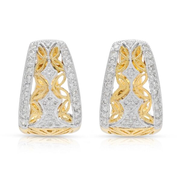 עגילי חישוק וינטג' מרשימים מזהב דו-גוני 18 קראט, משובצים ביהלומים טבעיים במשקל 1.02 קראט