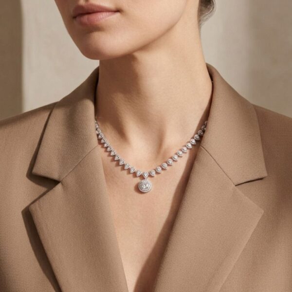 שרשרת טניס רב-גונית 13.95ct עם הילה כפולה ותליון נתיק 2 ב-1, מזהב לבן 18 קראט – מתועדת GIA