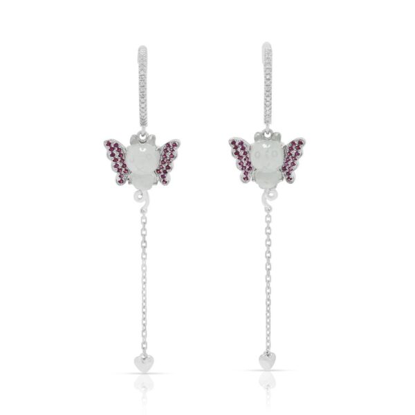 עגילים תלויים שובבים מיהלומים במשקל 0.24ct, ג'ייד וספיר בזהב לבן 18K