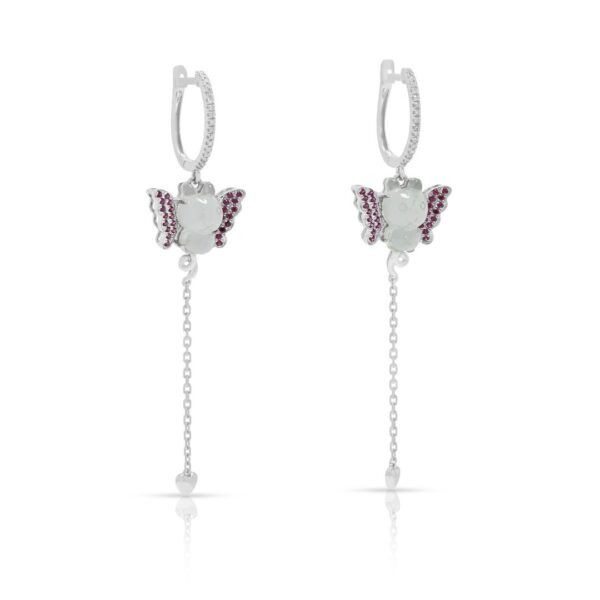 עגילים תלויים שובבים מיהלומים במשקל 0.24ct, ג'ייד וספיר בזהב לבן 18K