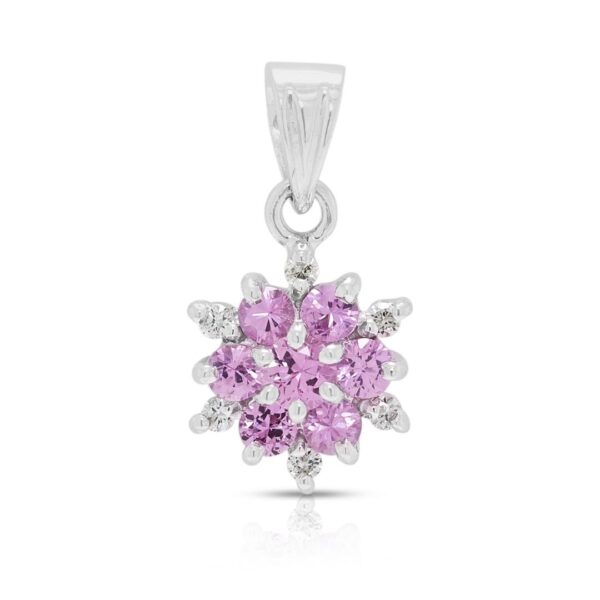 תליון אשכול פרחוני מקסים עם ספיר ורוד 0.20ct ויהלום 0.06ct בזהב לבן 18K (חדש)