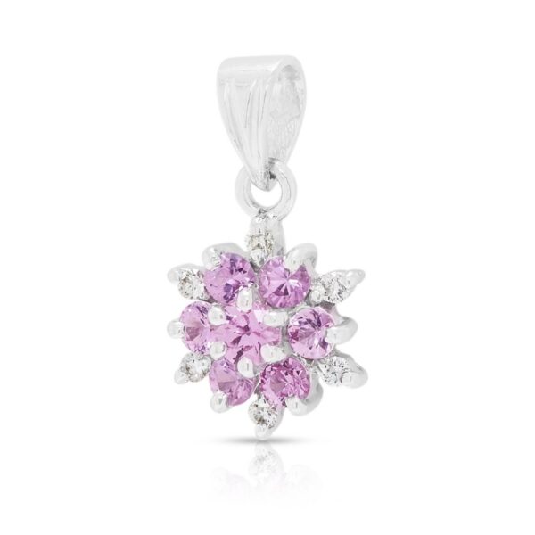 תליון אשכול פרחוני מקסים עם ספיר ורוד 0.20ct ויהלום 0.06ct בזהב לבן 18K (חדש)