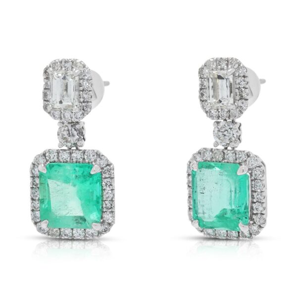 עגילי הילה תלויים יוקרתיים עם אמרלד 4.06ct ויהלומים טבעיים 1.78ct בפלטינה
