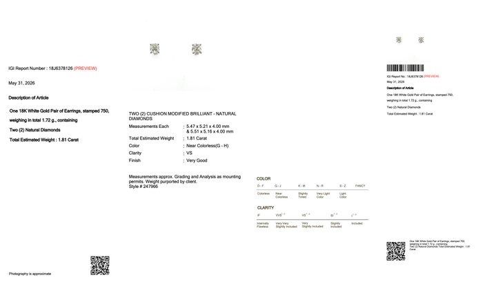עגילי צמודים מזהב לבן 18k, משובצים ביהלום טבעי 1.81 קראט, מתועד IGI – תמונה 5