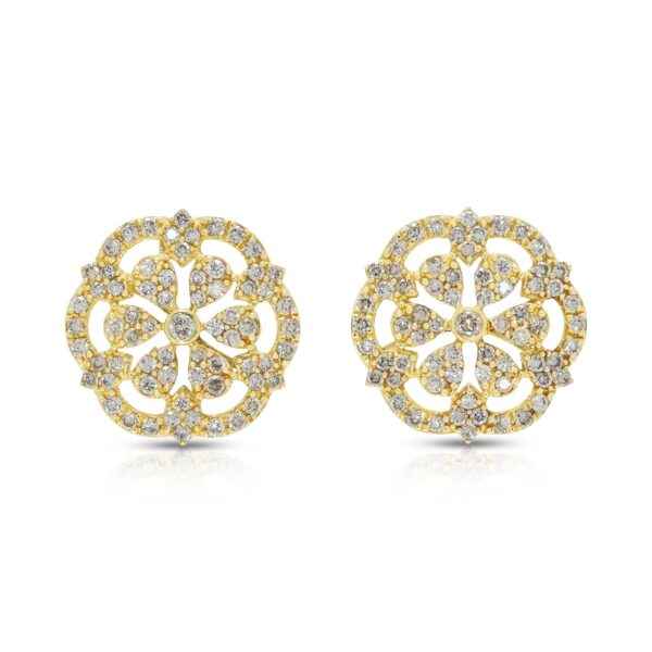 עגילים צמודים מעוטרים מיהלומים טבעיים 0.50ct ברוזטת פילגרן בזהב צהוב 18K